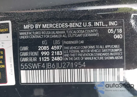 2018 Mercedes-Benz C 300 из США, поврежденный, VIN 55SWF4JB6JU271954